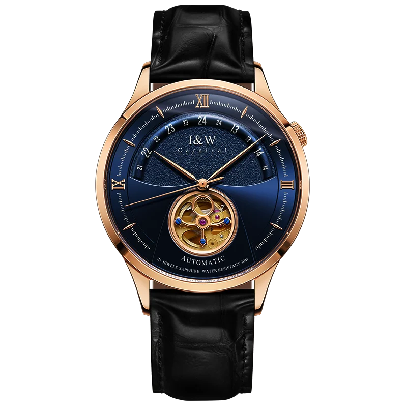 Luxury Blue Tourbillon Mechanical Watch Men I&W MIYOTA Automatic Watch Sapphire Glass Waterproof Italy Leather Band Reloj hombre