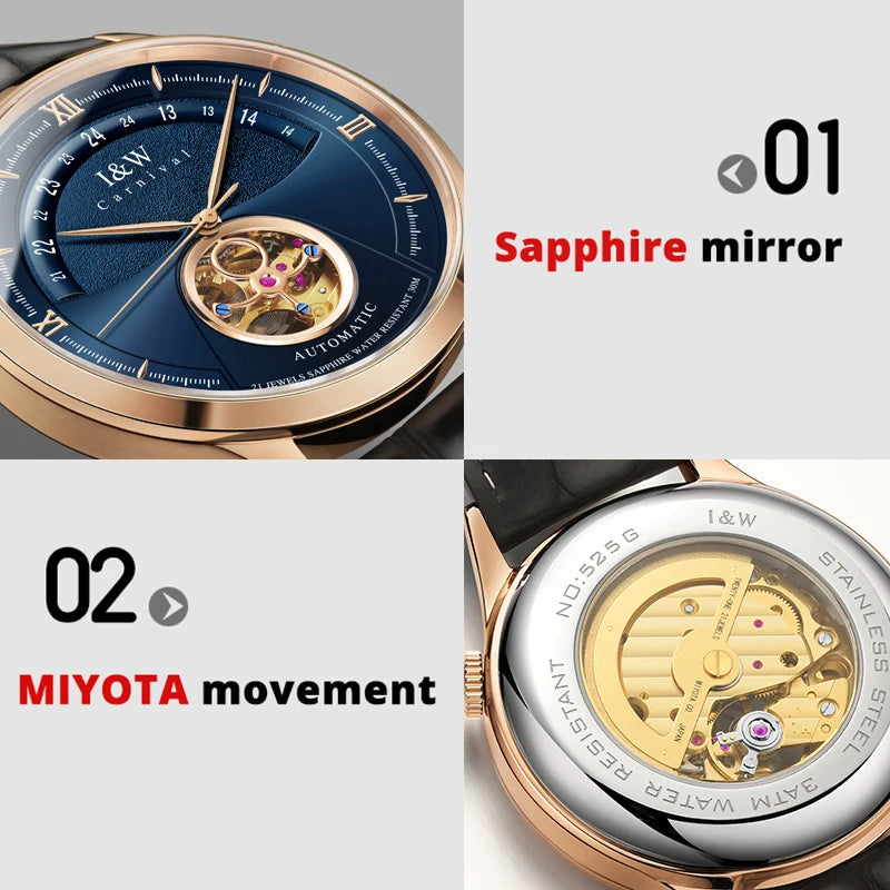 Luxury Blue Tourbillon Mechanical Watch Men I&W MIYOTA Automatic Watch Sapphire Glass Waterproof Italy Leather Band Reloj hombre