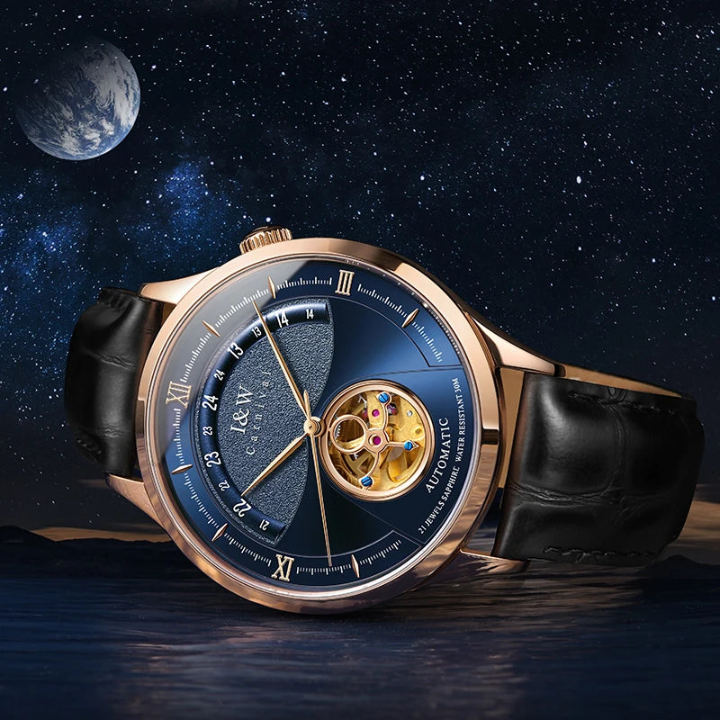 Luxury Blue Tourbillon Mechanical Watch Men I&W MIYOTA Automatic Watch Sapphire Glass Waterproof Italy Leather Band Reloj hombre