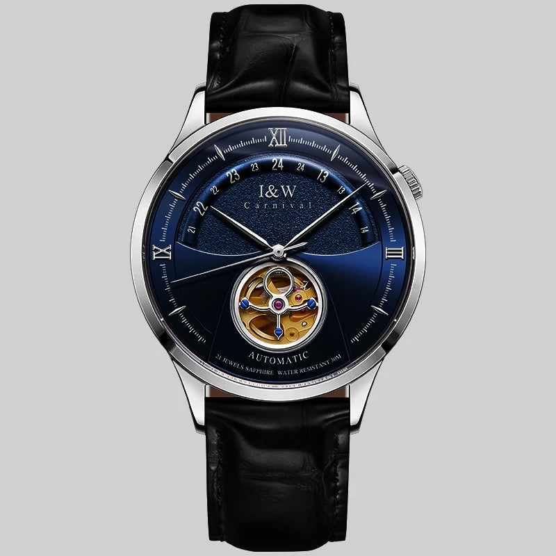 Luxury Blue Tourbillon Mechanical Watch Men I&W MIYOTA Automatic Watch Sapphire Glass Waterproof Italy Leather Band Reloj hombre