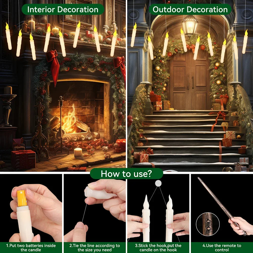 Floating Candles with Magic Wand Flickering Warm Light LED Flameless Candle Taper Candles for Christmas Halloween Party 12/48Pcs