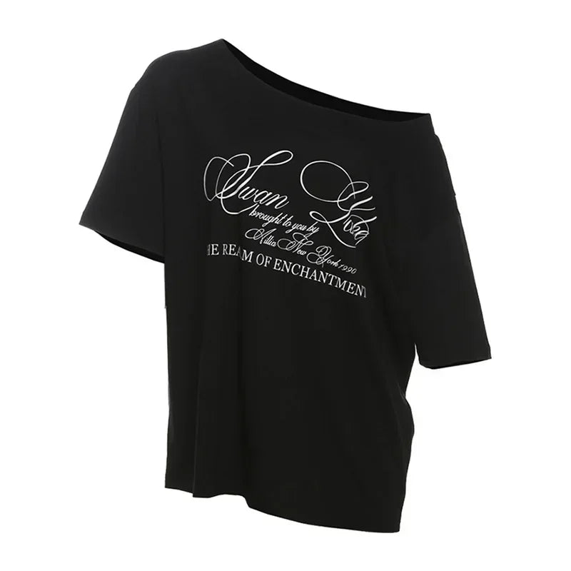 Pixie Kiki Letter Print Graphic T Shirts White Oversized One Shoulder Tops Women Summer Fashion Clothing Trends 2025 P71-BG14