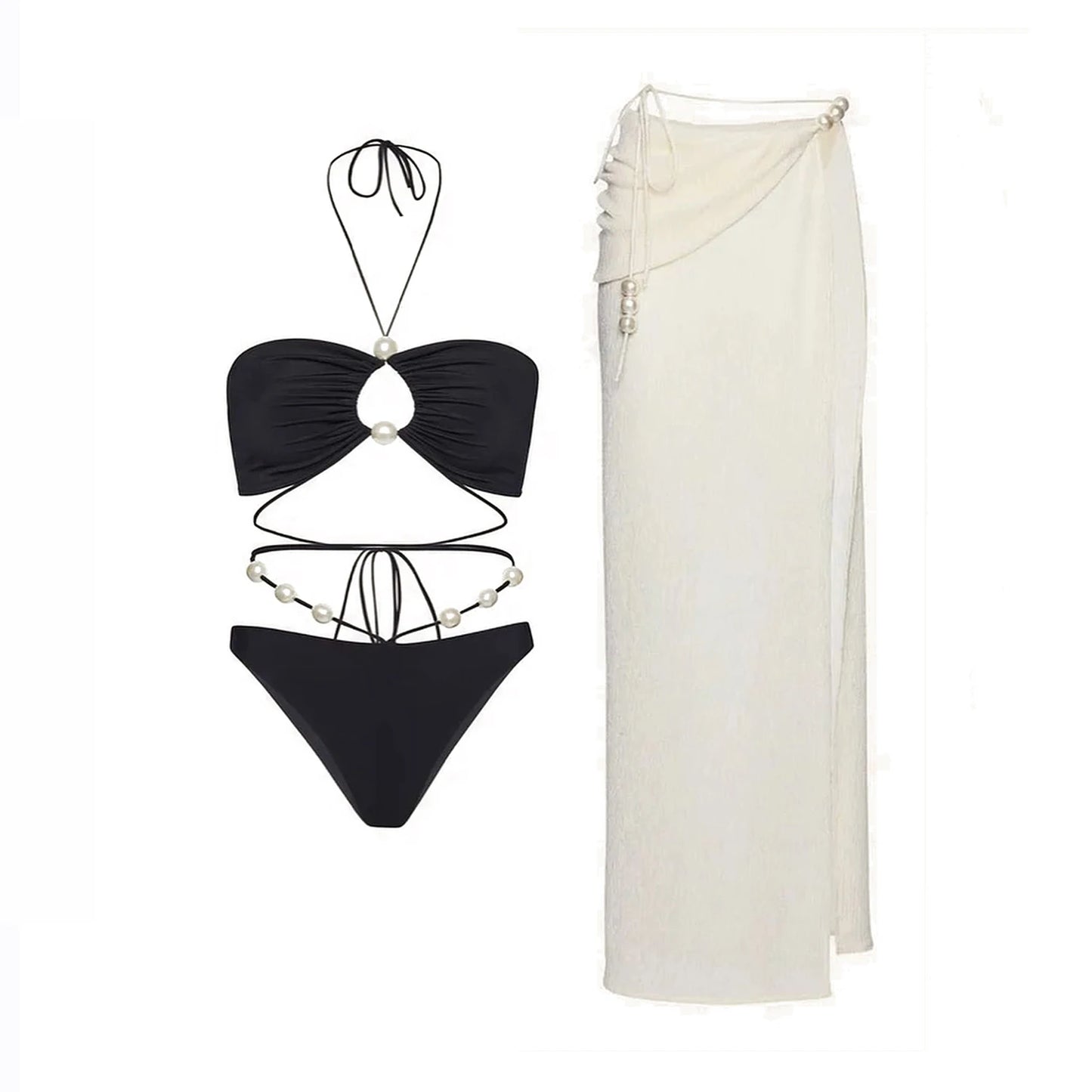 3Pcs Sexy Bikini Set With Cover Up Pearls White Swimsuit Women Halter Swimwear Female Off Shoulder Bathing suit Bikini Beachwear