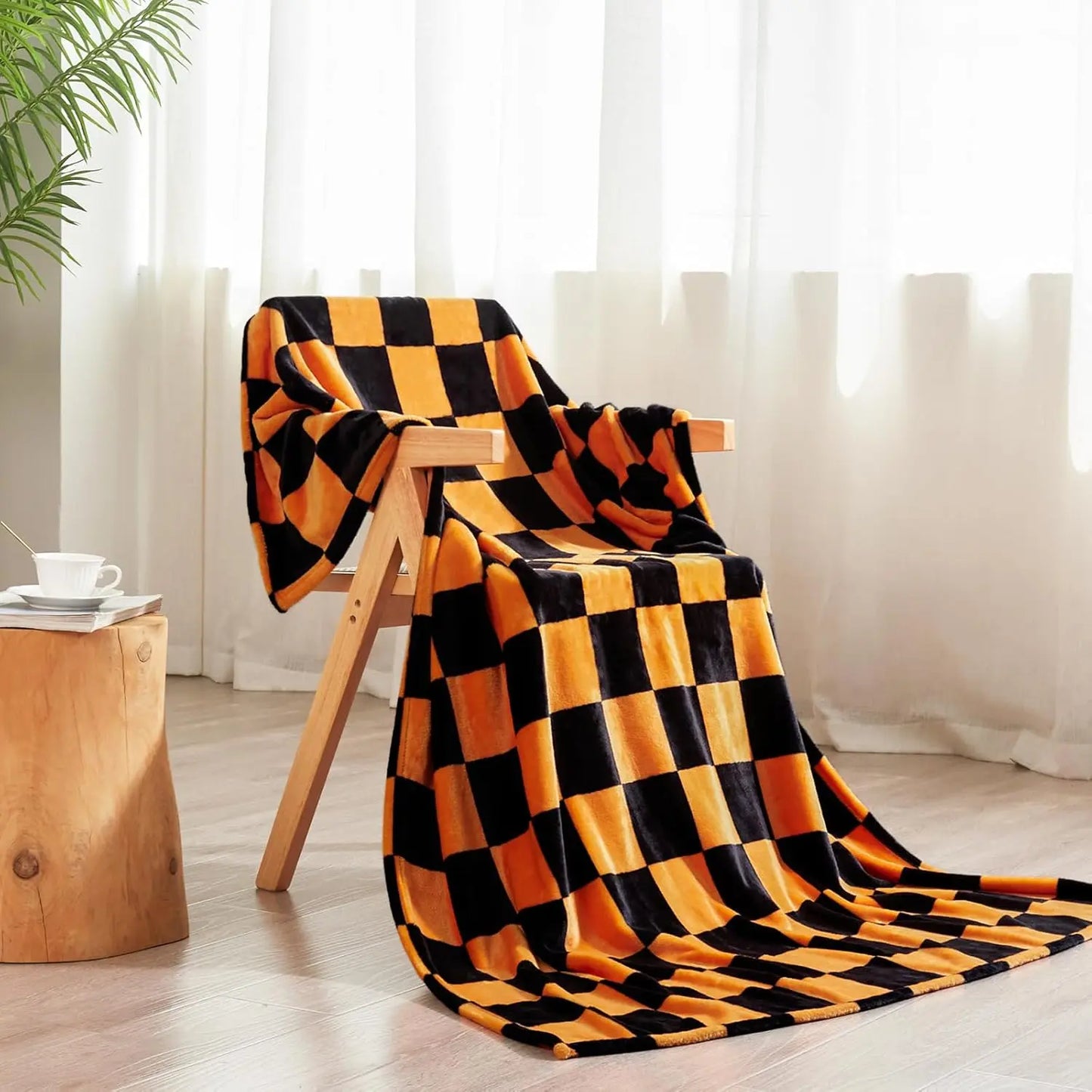 Throw Checkerboard Black and Orange Flannel Blanket for Couch Bed Sofa Cozy Comfy Warm Halloween Decor for All Season 1PC