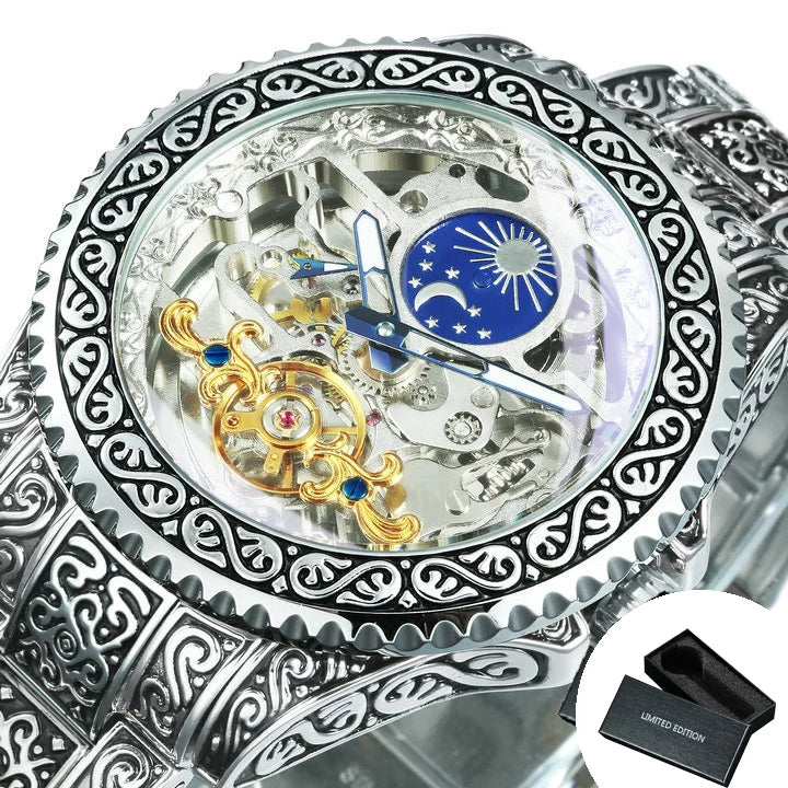 Forsining Luxury Gold Skeleton Mechanical Watches Moon Phase Retro Engraved Luminous Tourbillon Automatic Mens Watch Steel Strap