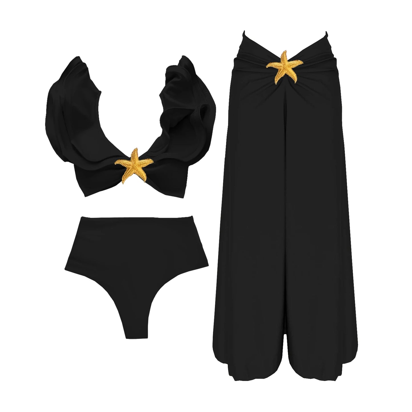 3 Pieces Sexy Bikinis Set Shoulder Ruffle Swimsuit Women 2025 Swimwear Shiny Star Swim Suits Female Bodysuit Bathsuit Beachwear