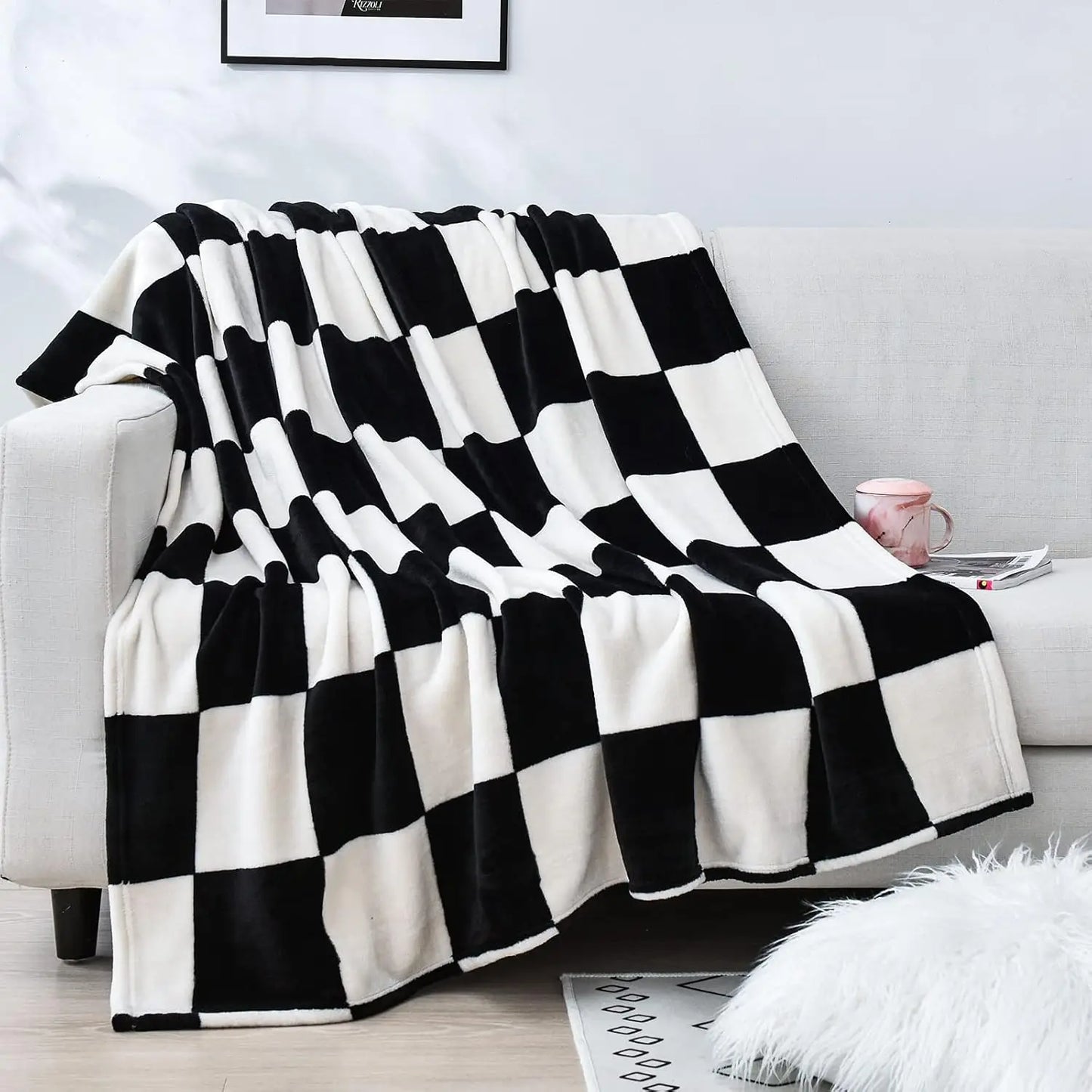 Throw Checkerboard Black and Orange Flannel Blanket for Couch Bed Sofa Cozy Comfy Warm Halloween Decor for All Season 1PC