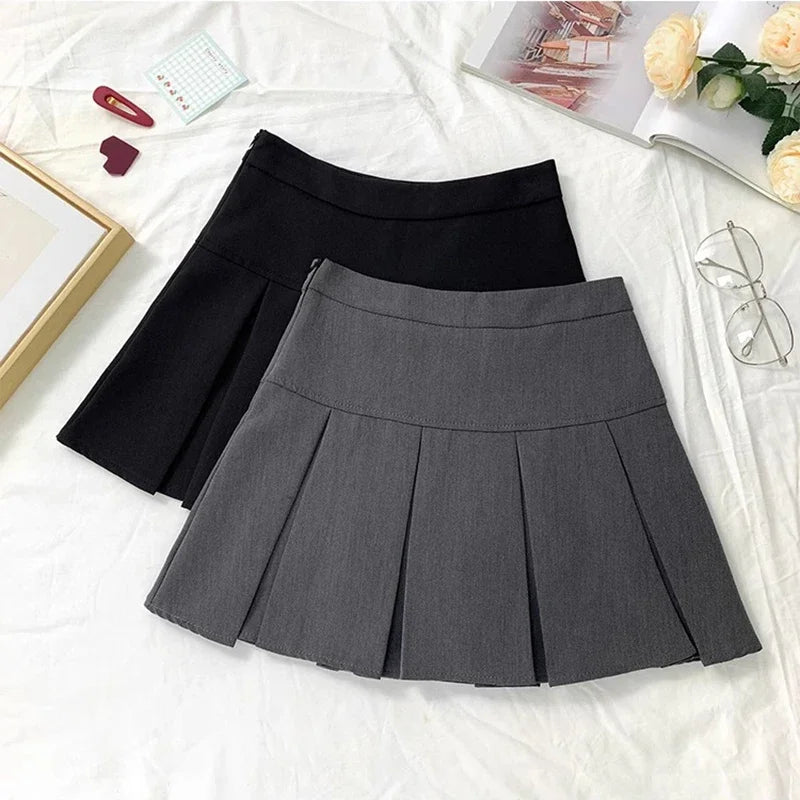 2025 Summer New Women Slim Solid Color Pleated Short Skirt College Style Pure Want To High-waisted Skinny-proof A- line Clothing