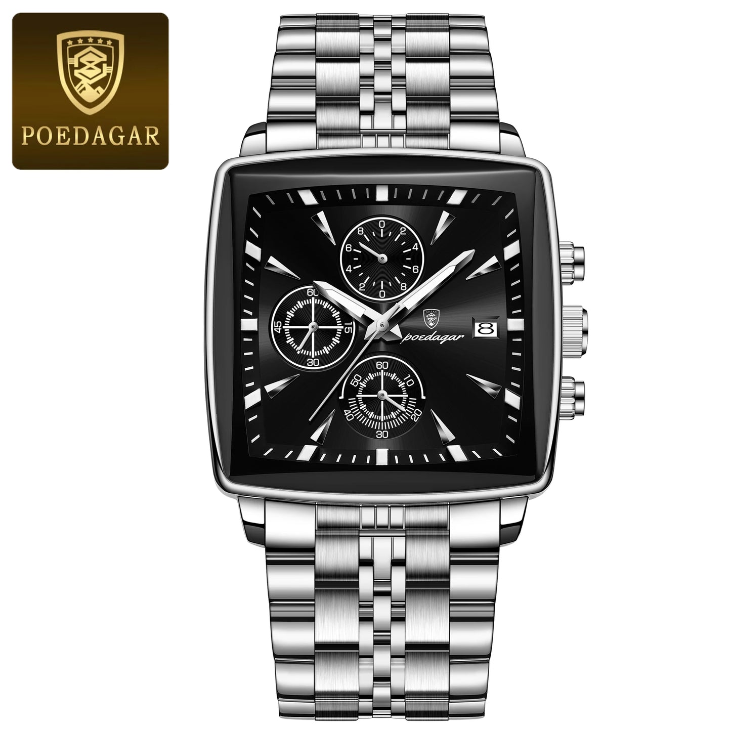POEDAGAR Luxury Square Sport Man Wrist watch Waterproof Luminous Chronograph Quartz Men's Watches Stainless Steel Men Watch Reloj