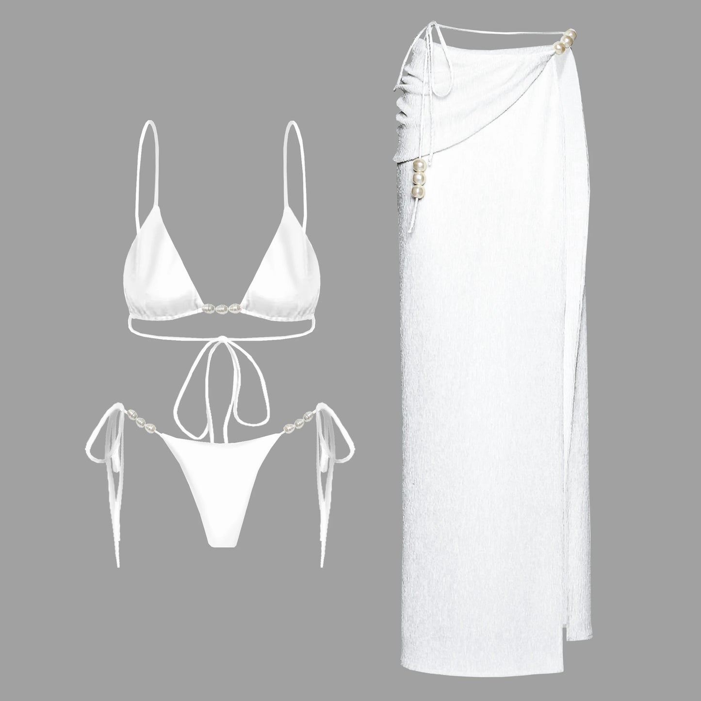 3Pcs Sexy Bikini Set With Cover Up Pearls White Swimsuit Women Halter Swimwear Female Off Shoulder Bathing suit Bikini Beachwear