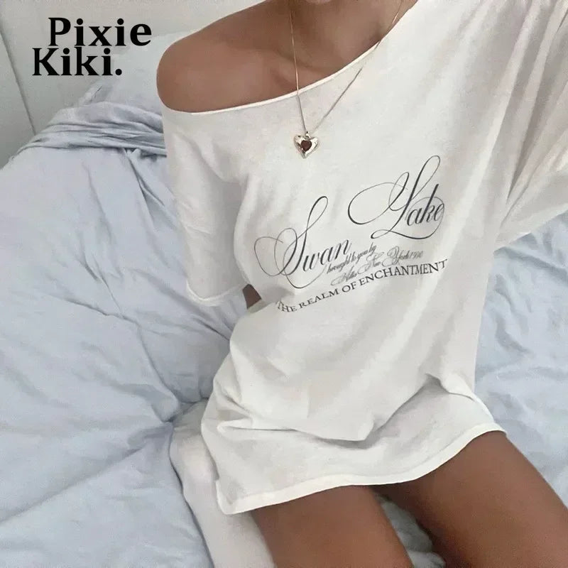 Pixie Kiki Letter Print Graphic T Shirts White Oversized One Shoulder Tops Women Summer Fashion Clothing Trends 2025 P71-BG14