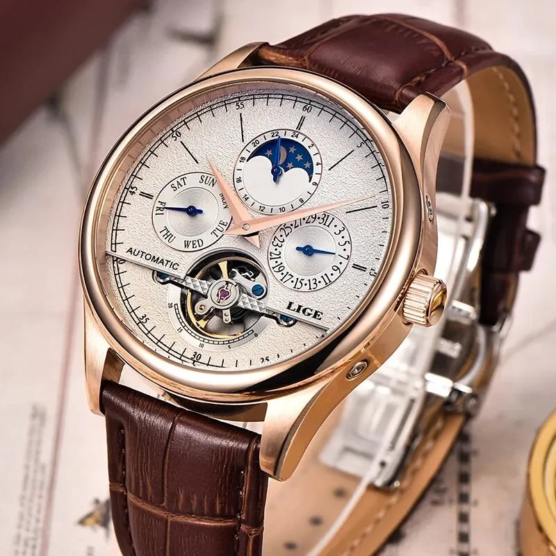 LIGE Men Watches Automatic Mechanical Watch Tourbillon Clock Genuine Leather Waterproof Watch Men Military Wrist watch Man