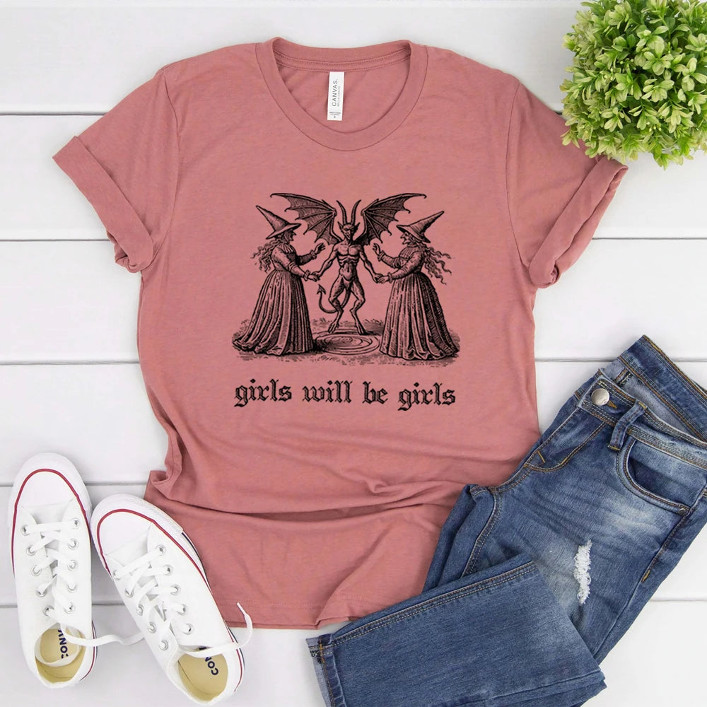 Girls Will Be Girls Witch Shirt Vintage Halloween T-Shirt Funny Feminist Tee Ironic Shirts Aesthetic T-shirt Spooky Witchy Tops