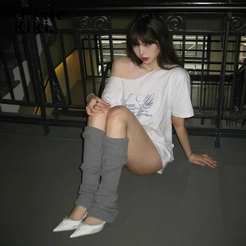 Pixie Kiki Letter Print Graphic T Shirts White Oversized One Shoulder Tops Women Summer Fashion Clothing Trends 2025 P71-BG14