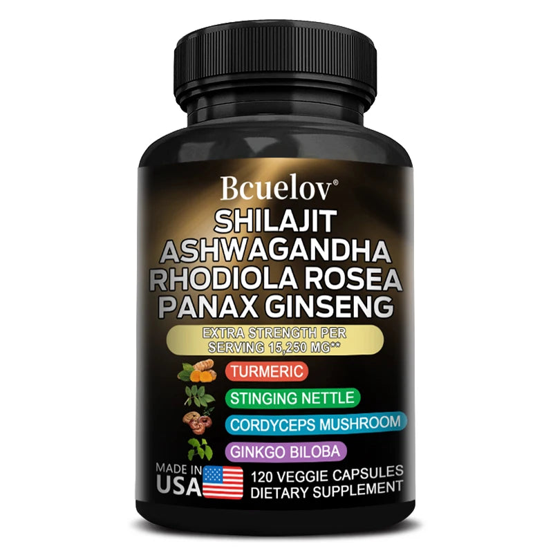 Shilajit Resin Himalaya Capsules - 15250 mg - Combination of Ashwagandha, Ginseng, Cordyceps, Ginkgo, Turmeric