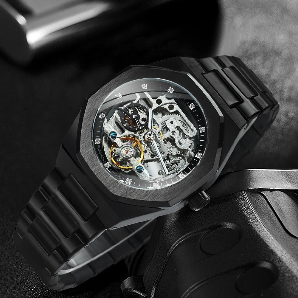 Forsining Silver Automatic Watch Men 3D Diamond Dial Irregular Tourbillon Skeleton Mechanical Wrist watches Luminous Hands Clock