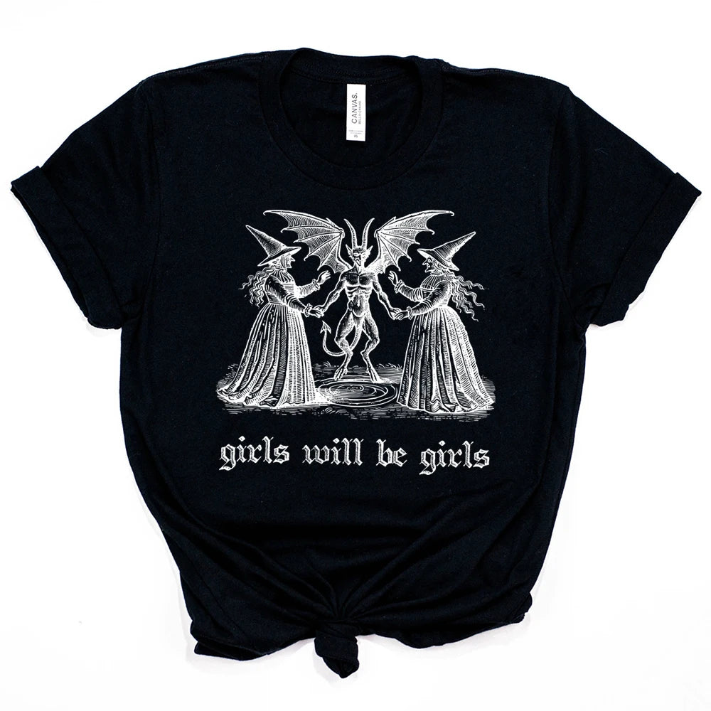 Girls Will Be Girls Witch Shirt Vintage Halloween T-Shirt Funny Feminist Tee Ironic Shirts Aesthetic T-shirt Spooky Witchy Tops