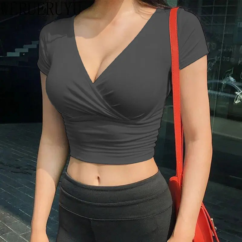 New Summer Black Sexy V-neck T-shirt Short Sleeve Y2k Crop Top Women Clothes Streetwear Korean Fashion Corset Tops T shirts 2025