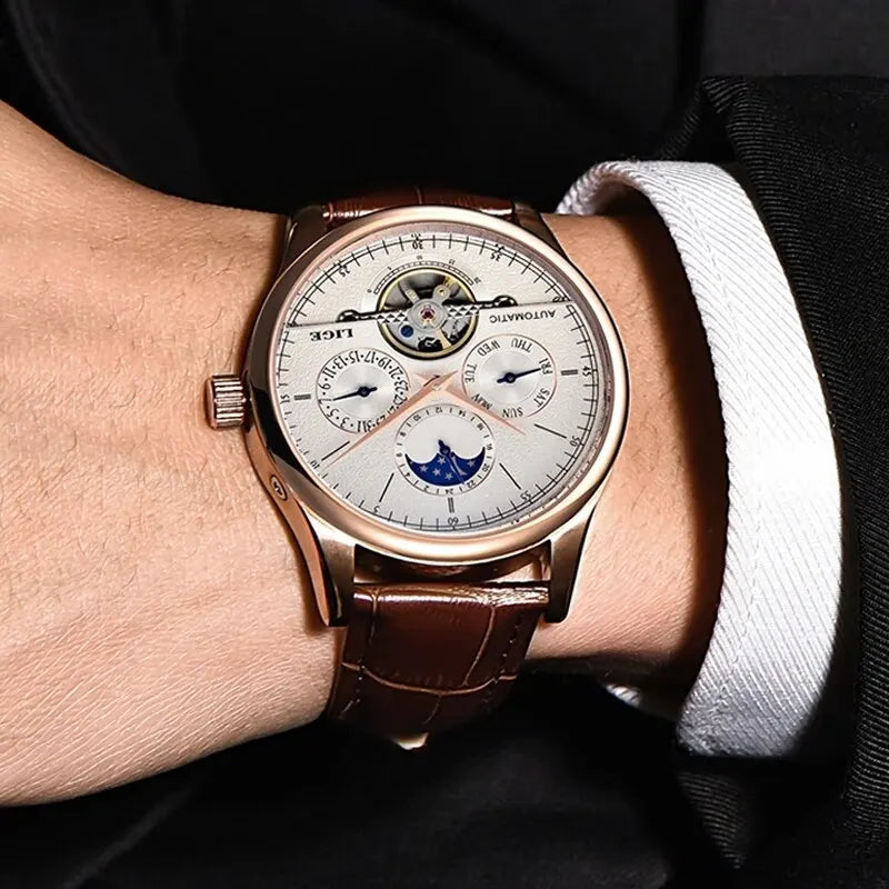 LIGE Men Watches Automatic Mechanical Watch Tourbillon Clock Genuine Leather Waterproof Watch Men Military Wrist watch Man