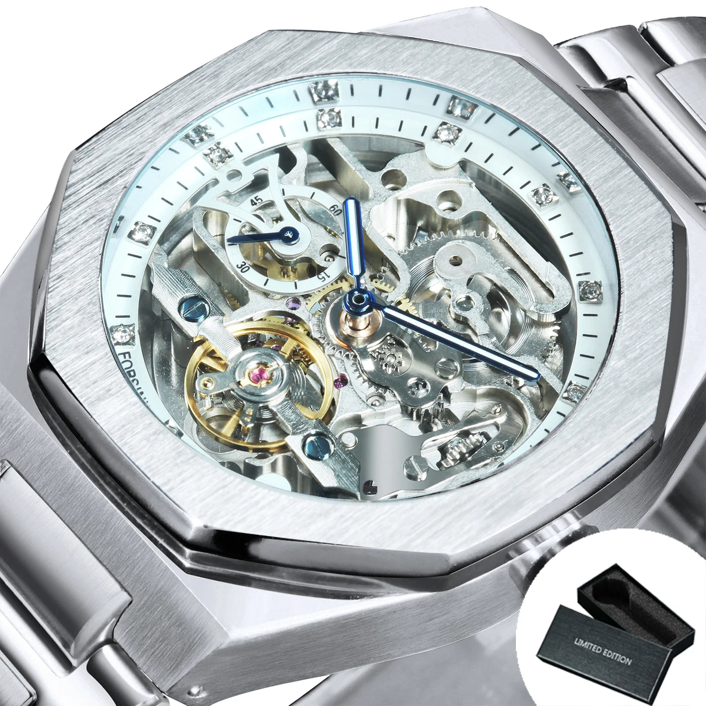 Forsining Silver Automatic Watch Men 3D Diamond Dial Irregular Tourbillon Skeleton Mechanical Wrist watches Luminous Hands Clock