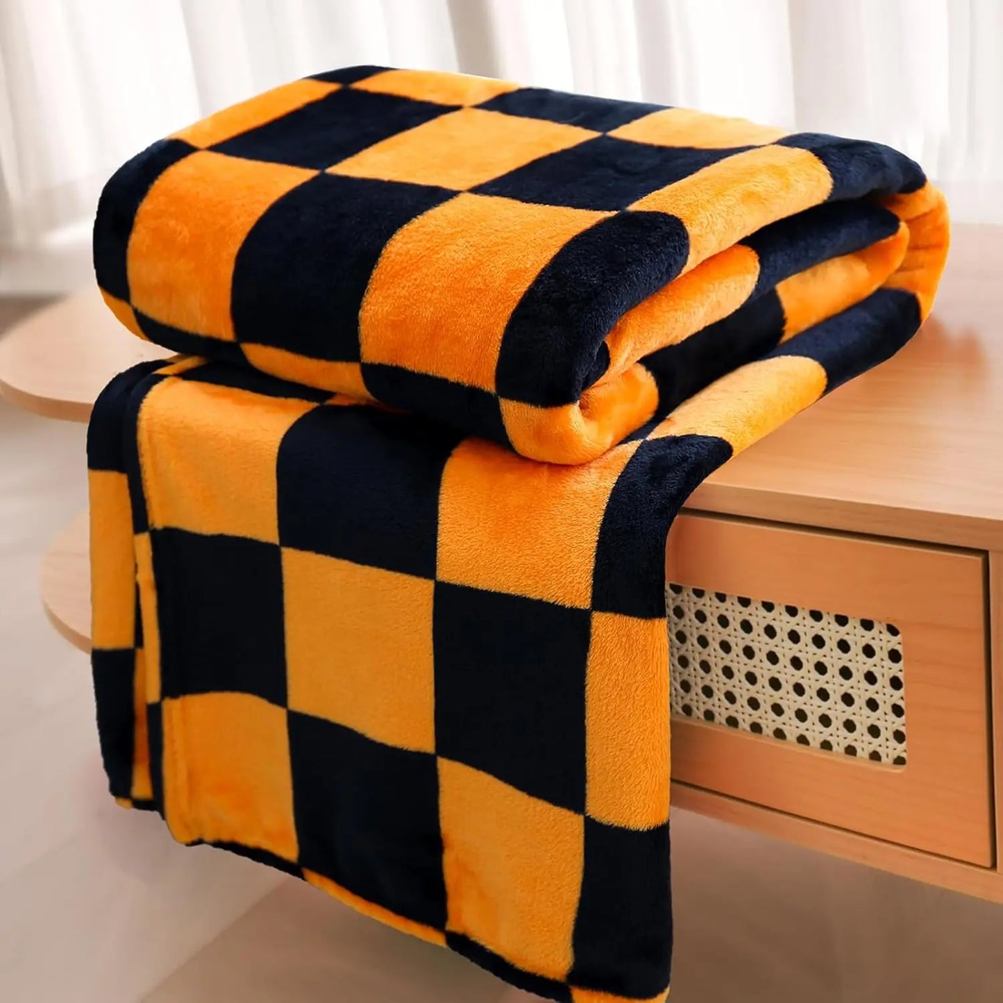 Throw Checkerboard Black and Orange Flannel Blanket for Couch Bed Sofa Cozy Comfy Warm Halloween Decor for All Season 1PC