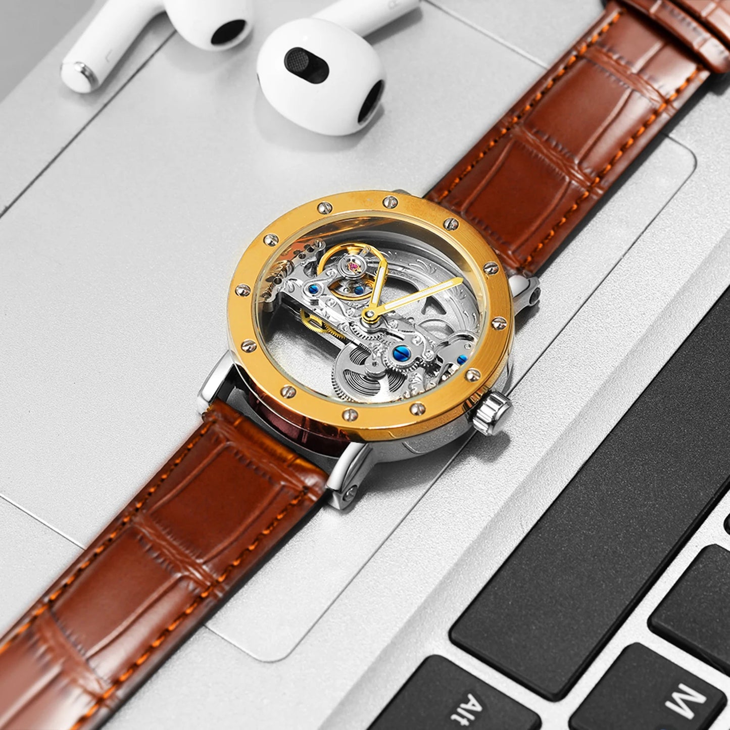 2025 Top Brand Luxury Steel Skeleton Tourbillon Automatic Watch Men Leather Mechanical Waterproof Luminous Elegant Wrist Clock