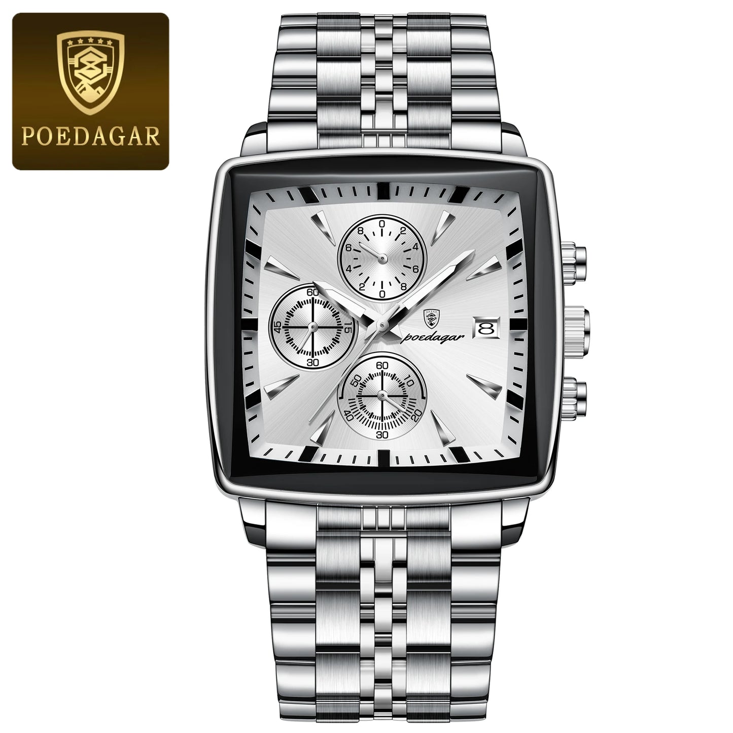 POEDAGAR Luxury Square Sport Man Wrist watch Waterproof Luminous Chronograph Quartz Men's Watches Stainless Steel Men Watch Reloj