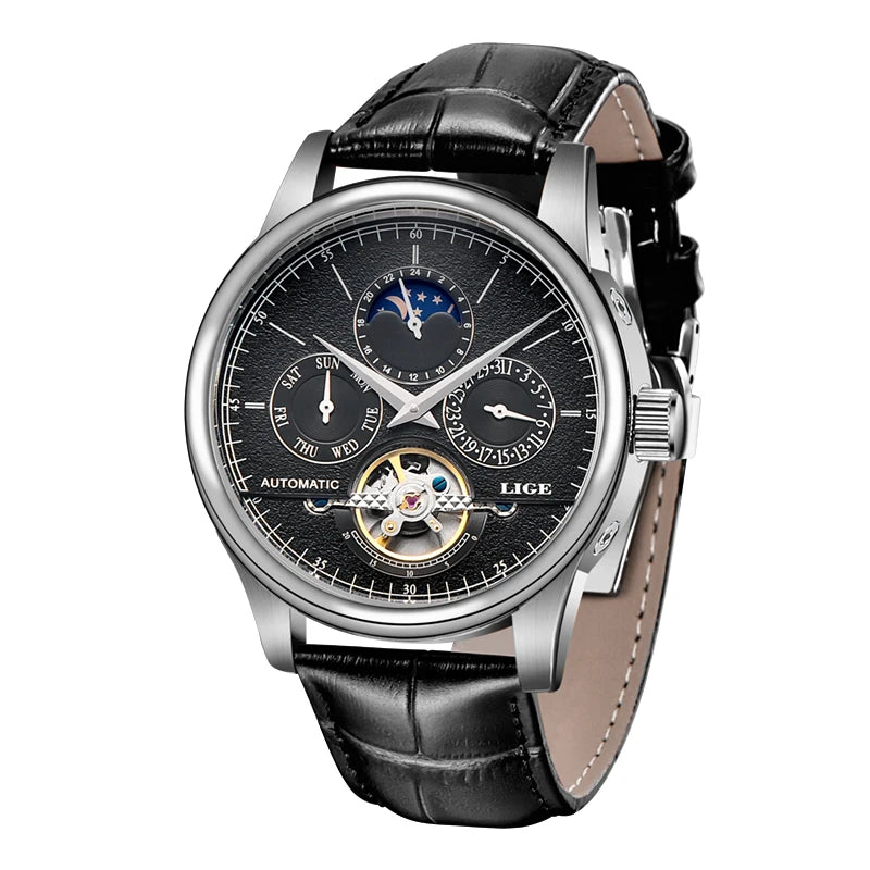 LIGE Men Watches Automatic Mechanical Watch Tourbillon Clock Genuine Leather Waterproof Watch Men Military Wrist watch Man