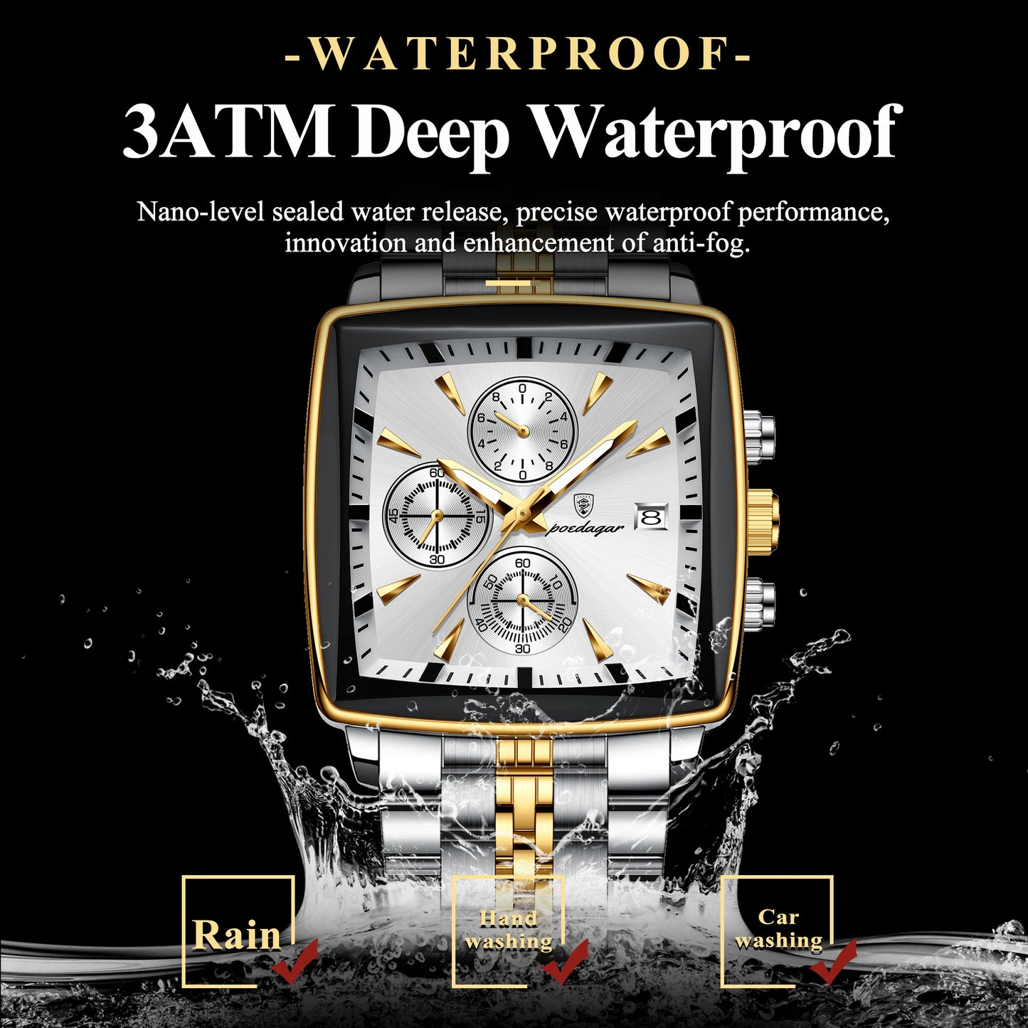 POEDAGAR Luxury Square Sport Man Wrist watch Waterproof Luminous Chronograph Quartz Men's Watches Stainless Steel Men Watch Reloj