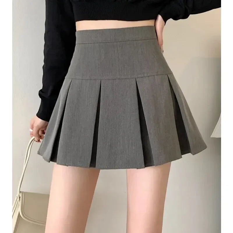 2025 Summer New Women Slim Solid Color Pleated Short Skirt College Style Pure Want To High-waisted Skinny-proof A- line Clothing