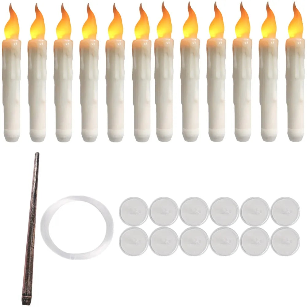 Floating Candles with Magic Wand Flickering Warm Light LED Flameless Candle Taper Candles for Christmas Halloween Party 12/48Pcs