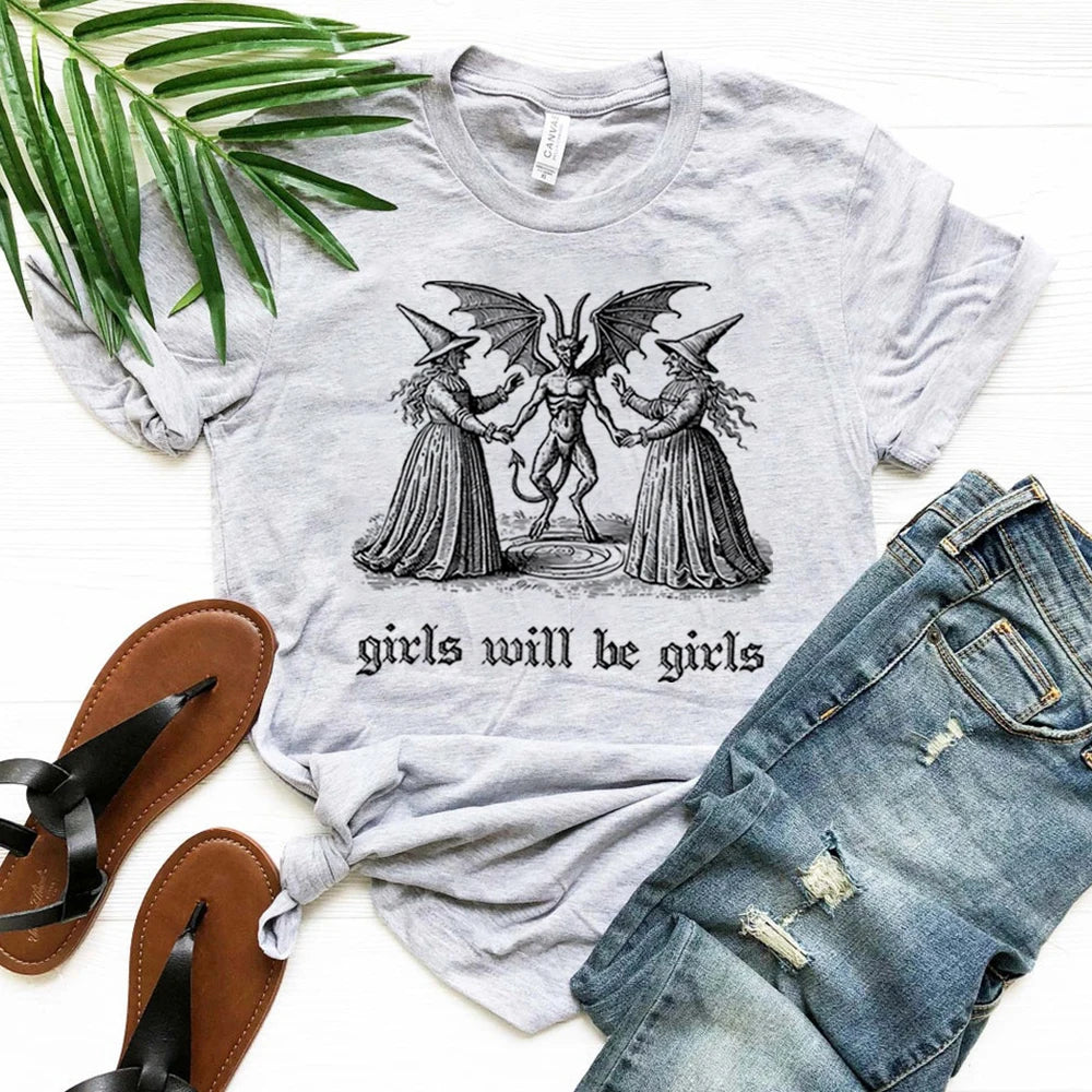 Girls Will Be Girls Witch Shirt Vintage Halloween T-Shirt Funny Feminist Tee Ironic Shirts Aesthetic T-shirt Spooky Witchy Tops