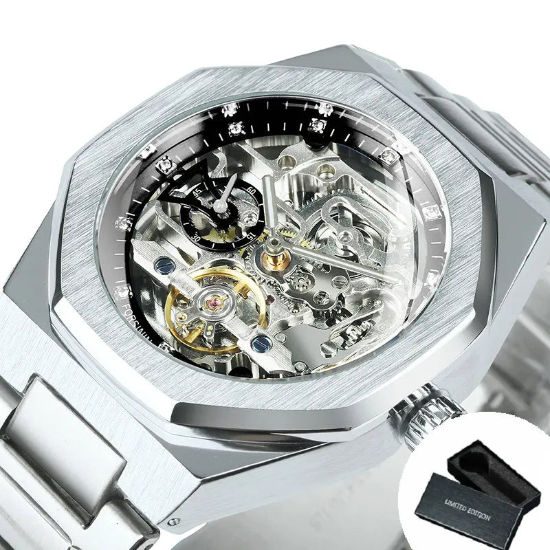 Forsining Silver Automatic Watch Men 3D Diamond Dial Irregular Tourbillon Skeleton Mechanical Wrist watches Luminous Hands Clock