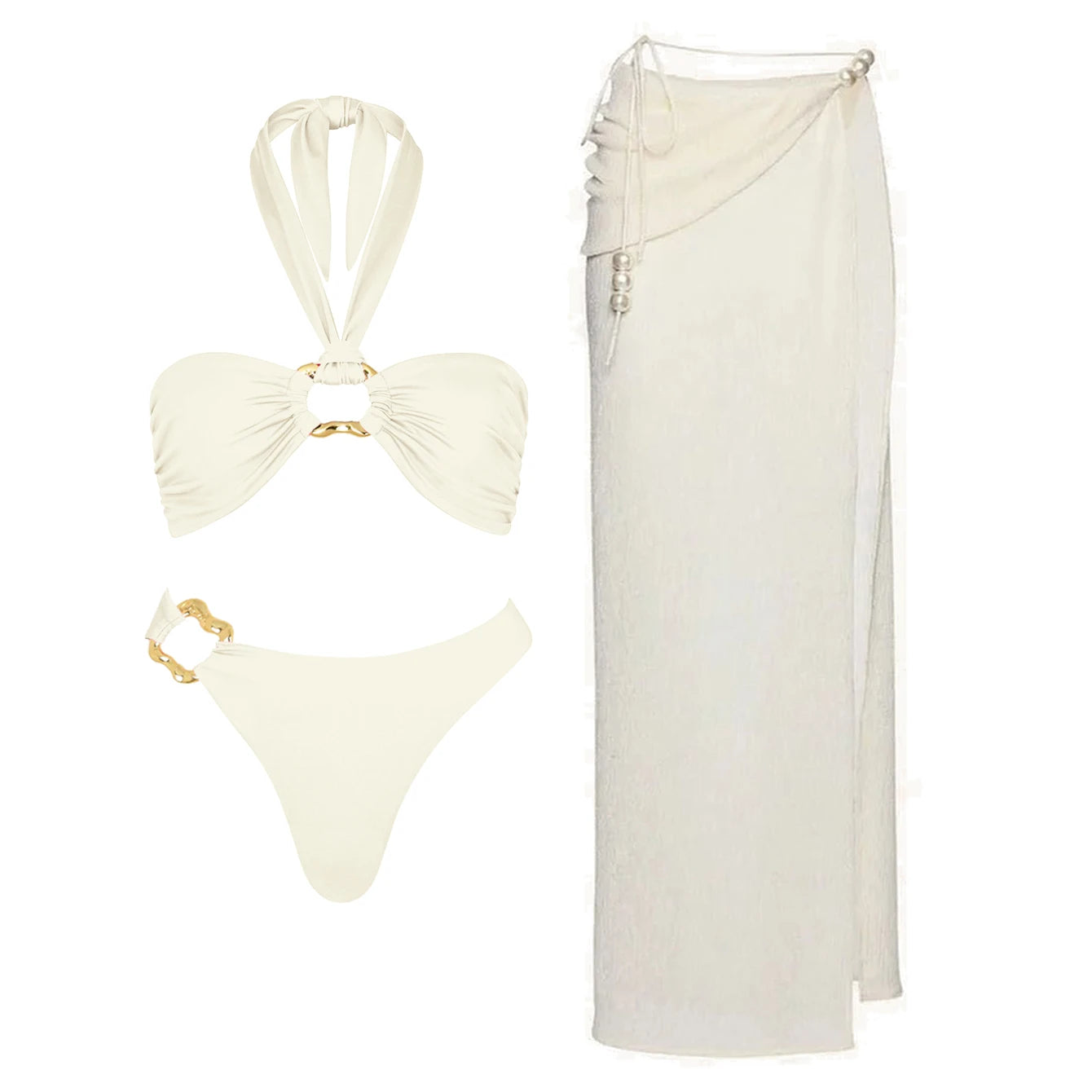 3Pcs Sexy Bikini Set With Cover Up Pearls White Swimsuit Women Halter Swimwear Female Off Shoulder Bathing suit Bikini Beachwear
