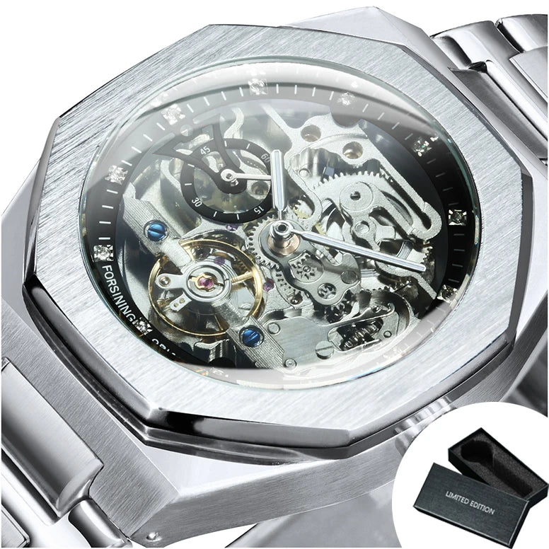Forsining Silver Automatic Watch Men 3D Diamond Dial Irregular Tourbillon Skeleton Mechanical Wrist watches Luminous Hands Clock