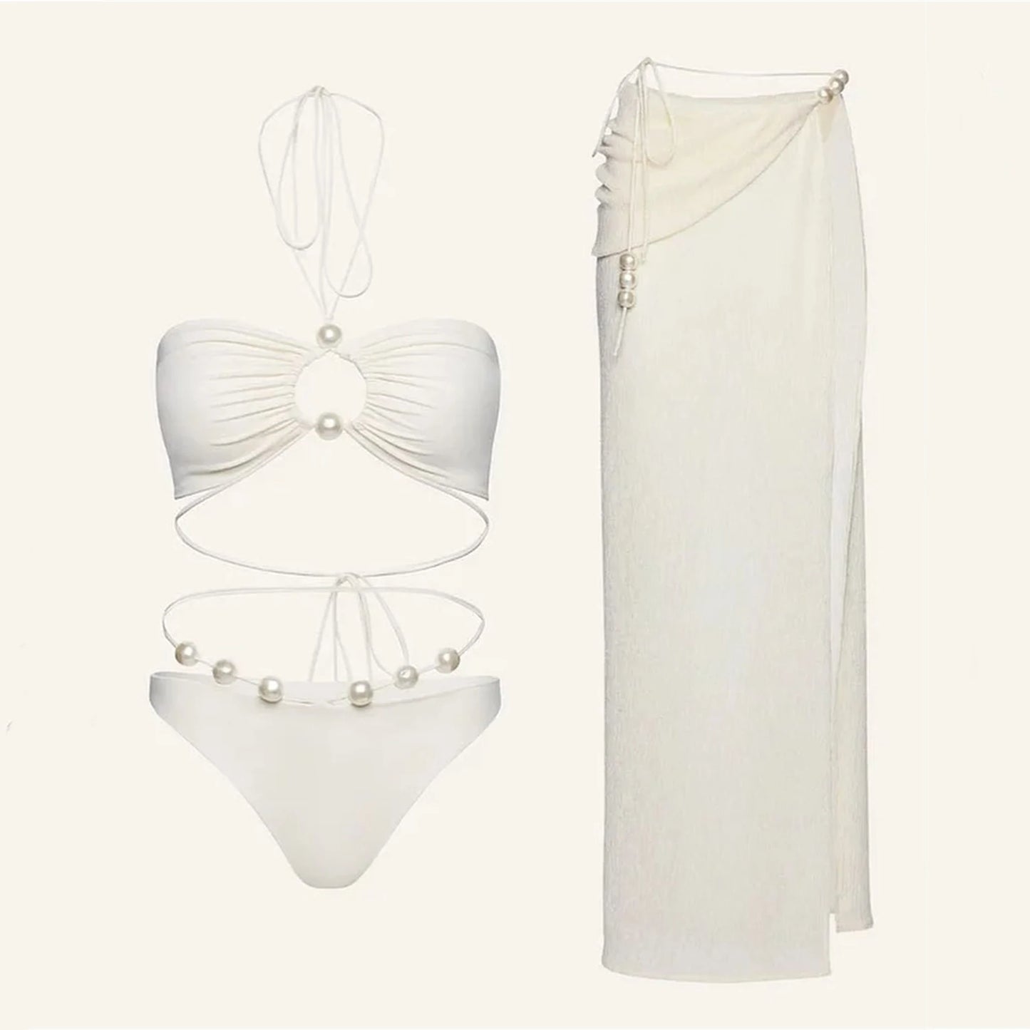 3Pcs Sexy Bikini Set With Cover Up Pearls White Swimsuit Women Halter Swimwear Female Off Shoulder Bathing suit Bikini Beachwear