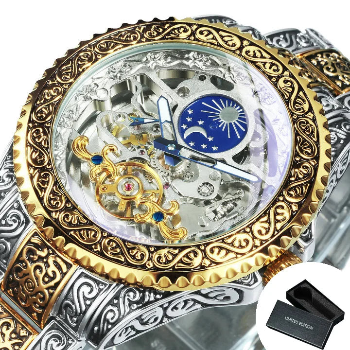 Forsining Luxury Gold Skeleton Mechanical Watches Moon Phase Retro Engraved Luminous Tourbillon Automatic Mens Watch Steel Strap