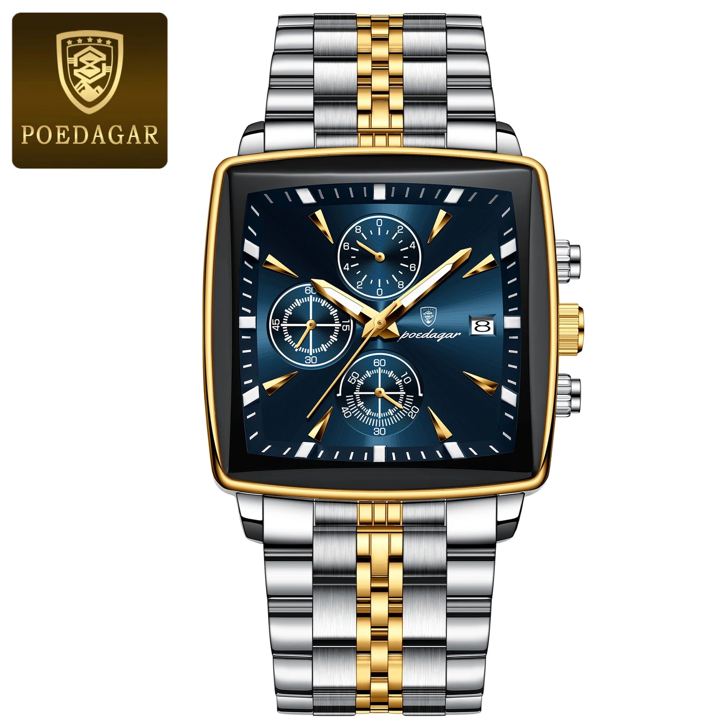 POEDAGAR Luxury Square Sport Man Wrist watch Waterproof Luminous Chronograph Quartz Men's Watches Stainless Steel Men Watch Reloj
