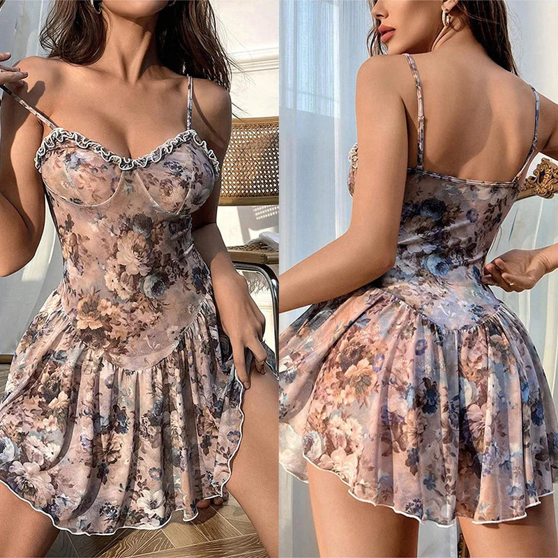 Baby dolls Floral pleated camisole short skirt and nightgown Women pajama sexy lingerie for women push up adult sexy nights xxx