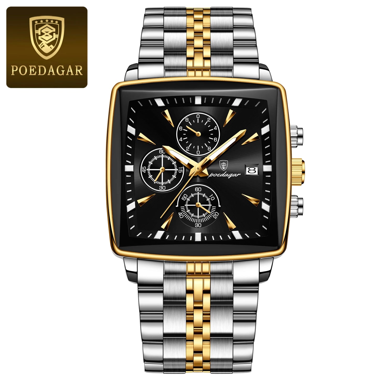 POEDAGAR Luxury Square Sport Man Wrist watch Waterproof Luminous Chronograph Quartz Men's Watches Stainless Steel Men Watch Reloj
