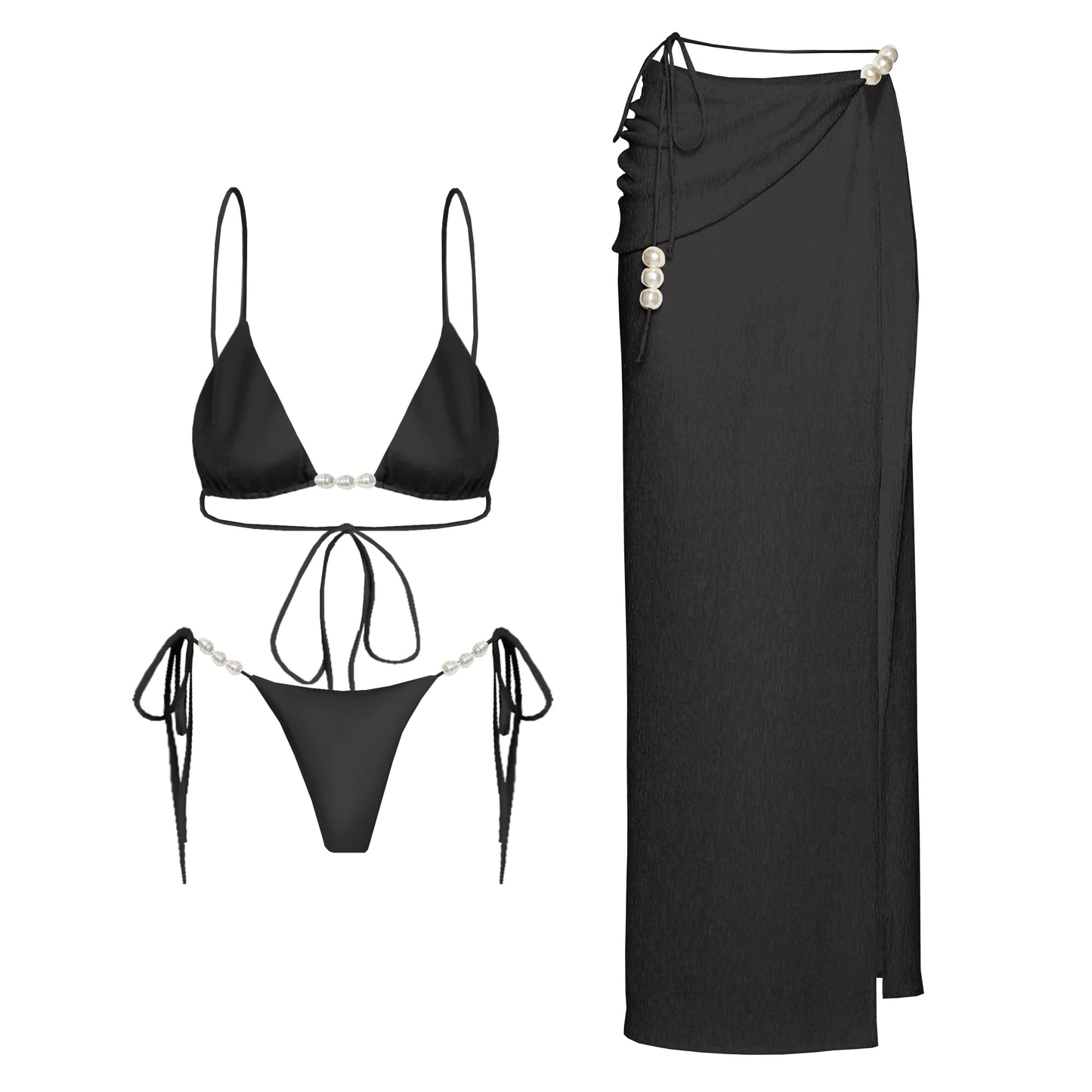 3Pcs Sexy Bikini Set With Cover Up Pearls White Swimsuit Women Halter Swimwear Female Off Shoulder Bathing suit Bikini Beachwear