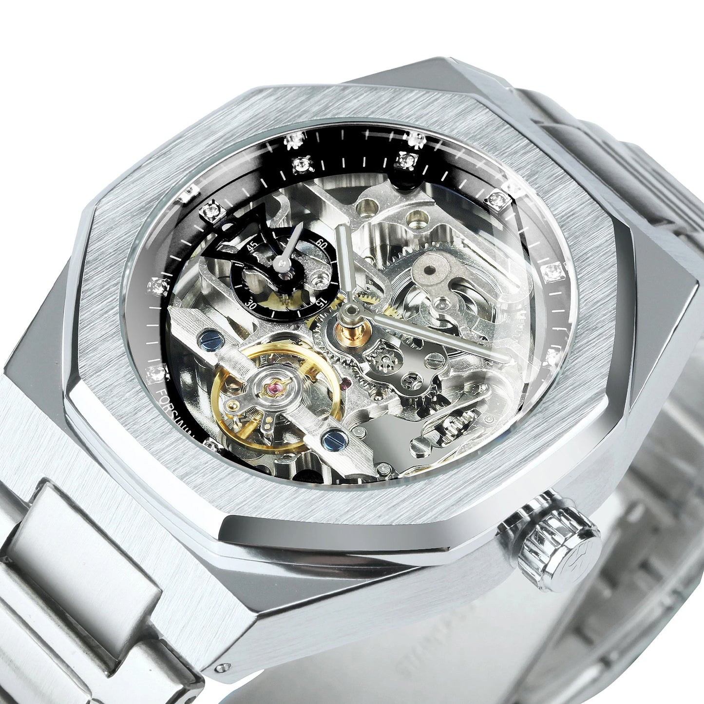Forsining Silver Automatic Watch Men 3D Diamond Dial Irregular Tourbillon Skeleton Mechanical Wrist watches Luminous Hands Clock