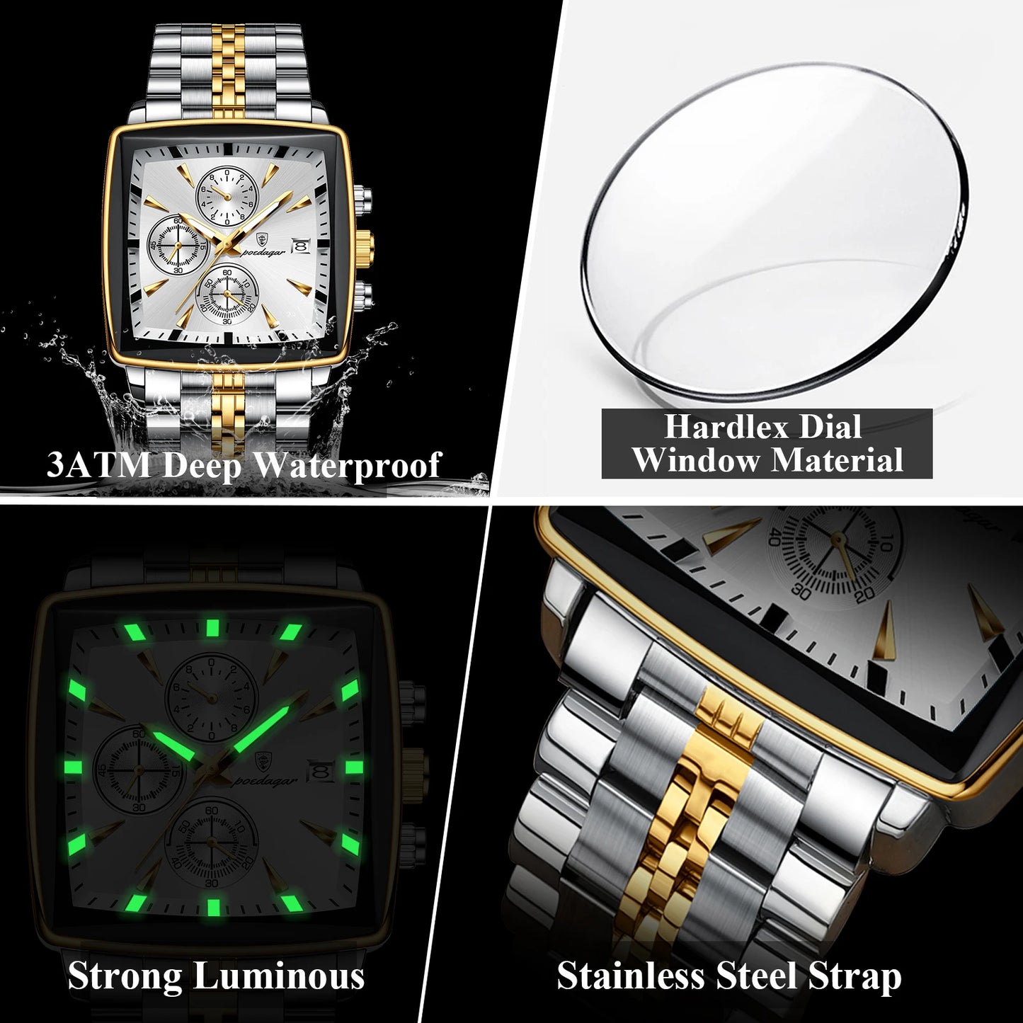 POEDAGAR Luxury Square Sport Man Wrist watch Waterproof Luminous Chronograph Quartz Men's Watches Stainless Steel Men Watch Reloj