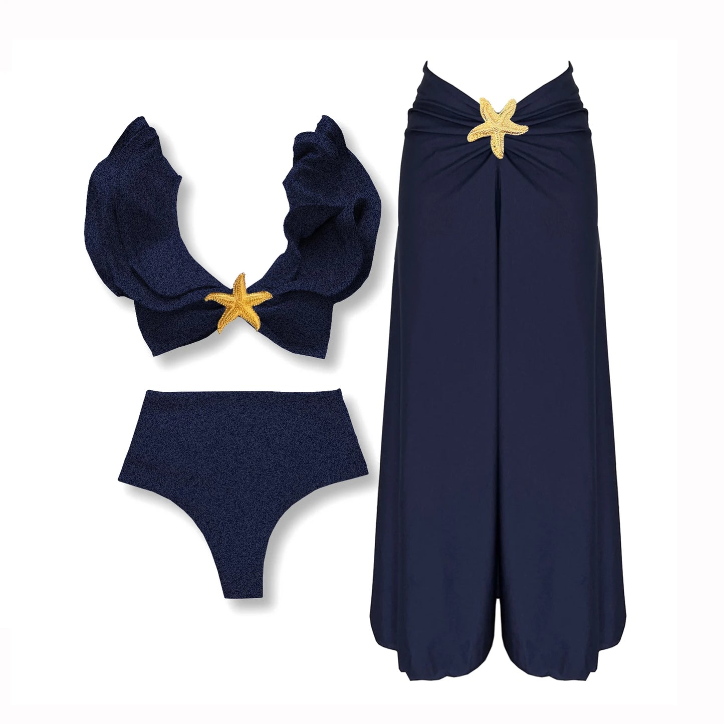 3 Pieces Sexy Bikinis Set Shoulder Ruffle Swimsuit Women 2025 Swimwear Shiny Star Swim Suits Female Bodysuit Bathsuit Beachwear