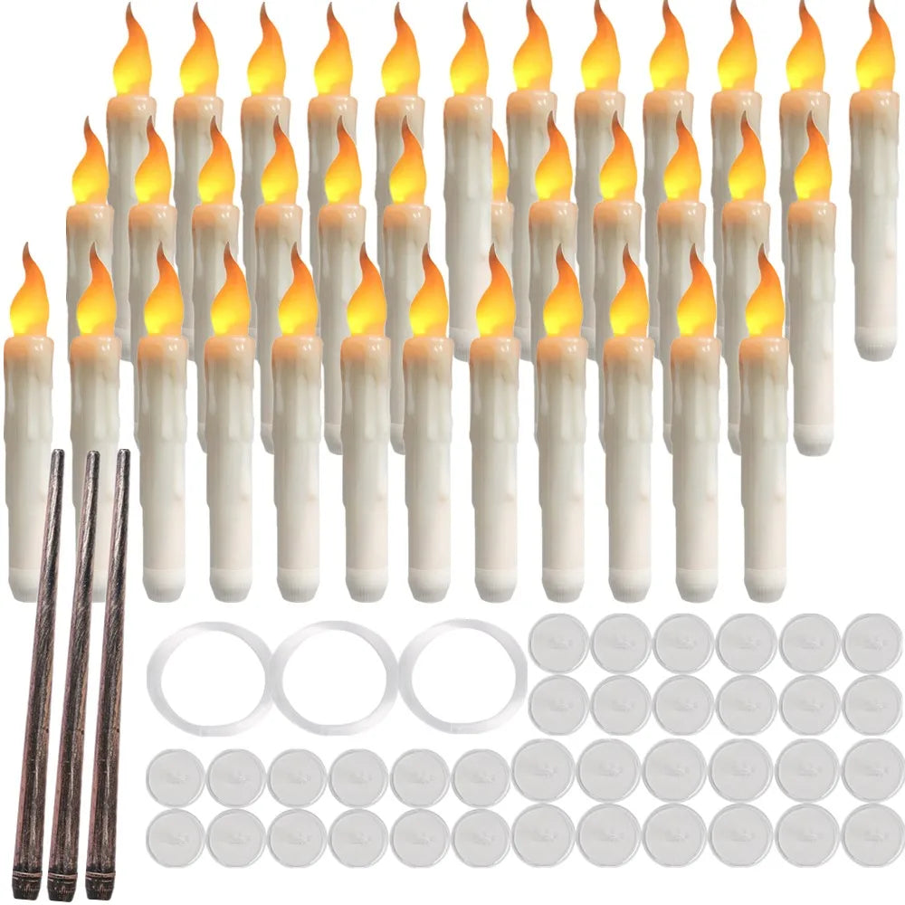 Floating Candles with Magic Wand Flickering Warm Light LED Flameless Candle Taper Candles for Christmas Halloween Party 12/48Pcs