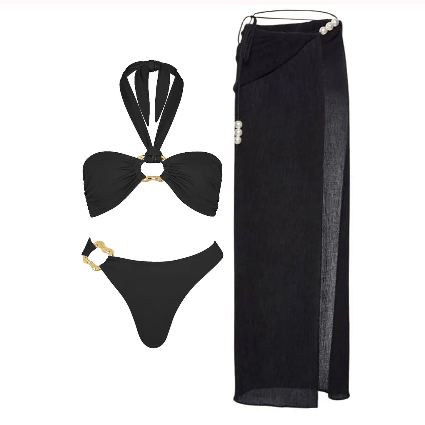 3Pcs Sexy Bikini Set With Cover Up Pearls White Swimsuit Women Halter Swimwear Female Off Shoulder Bathing suit Bikini Beachwear