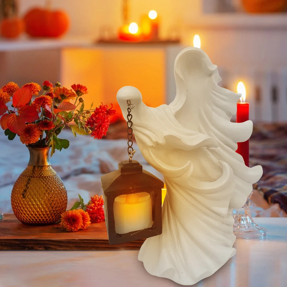 Halloween Ghost Statue With Lantern Faceless Witch Hell Messenger Realistic Resin Ghost Sculpture For Home Scary Decorations