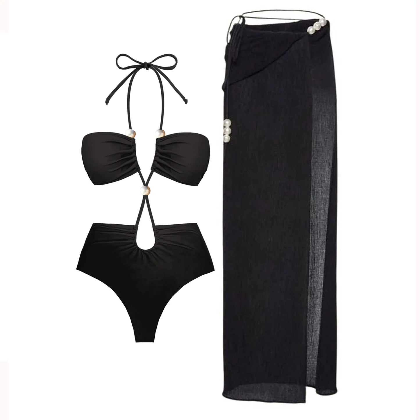 3Pcs Sexy Bikini Set With Cover Up Pearls White Swimsuit Women Halter Swimwear Female Off Shoulder Bathing suit Bikini Beachwear