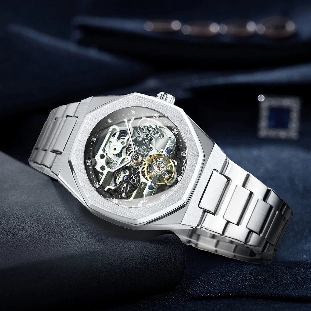 Forsining Silver Automatic Watch Men 3D Diamond Dial Irregular Tourbillon Skeleton Mechanical Wrist watches Luminous Hands Clock