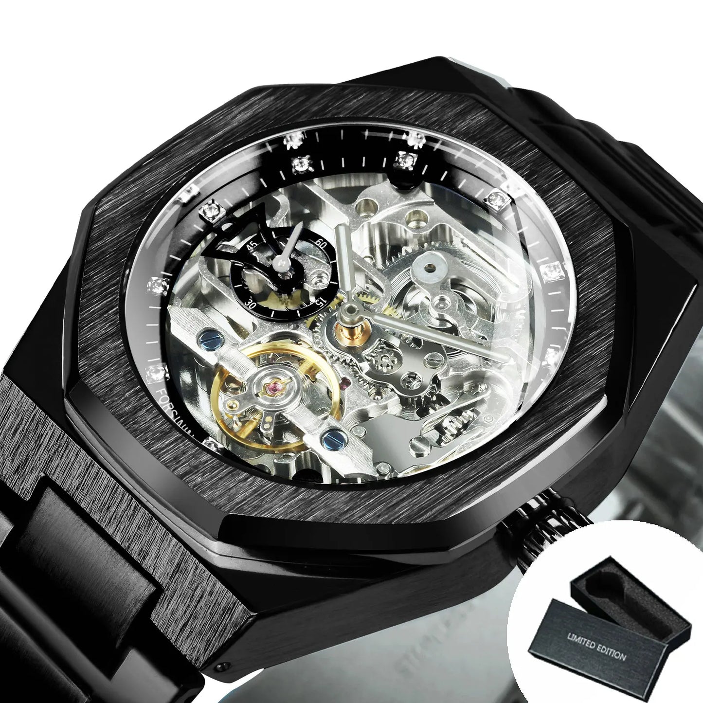 Forsining Silver Automatic Watch Men 3D Diamond Dial Irregular Tourbillon Skeleton Mechanical Wrist watches Luminous Hands Clock